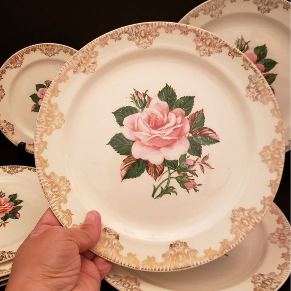 American Rose Dinner Bread Plates Paden City Pink Roses Gold Vintage 7 Piece Lot - Picture 5 of 10